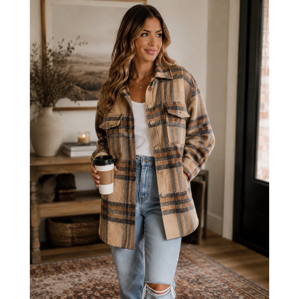 H&M Womens Plaid Shacket Jacket Size Large Beige Brown Button Front Overshirt
